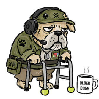 OlderDogs mascot: a grizzled bulldog in tactical gear leaning on a walker